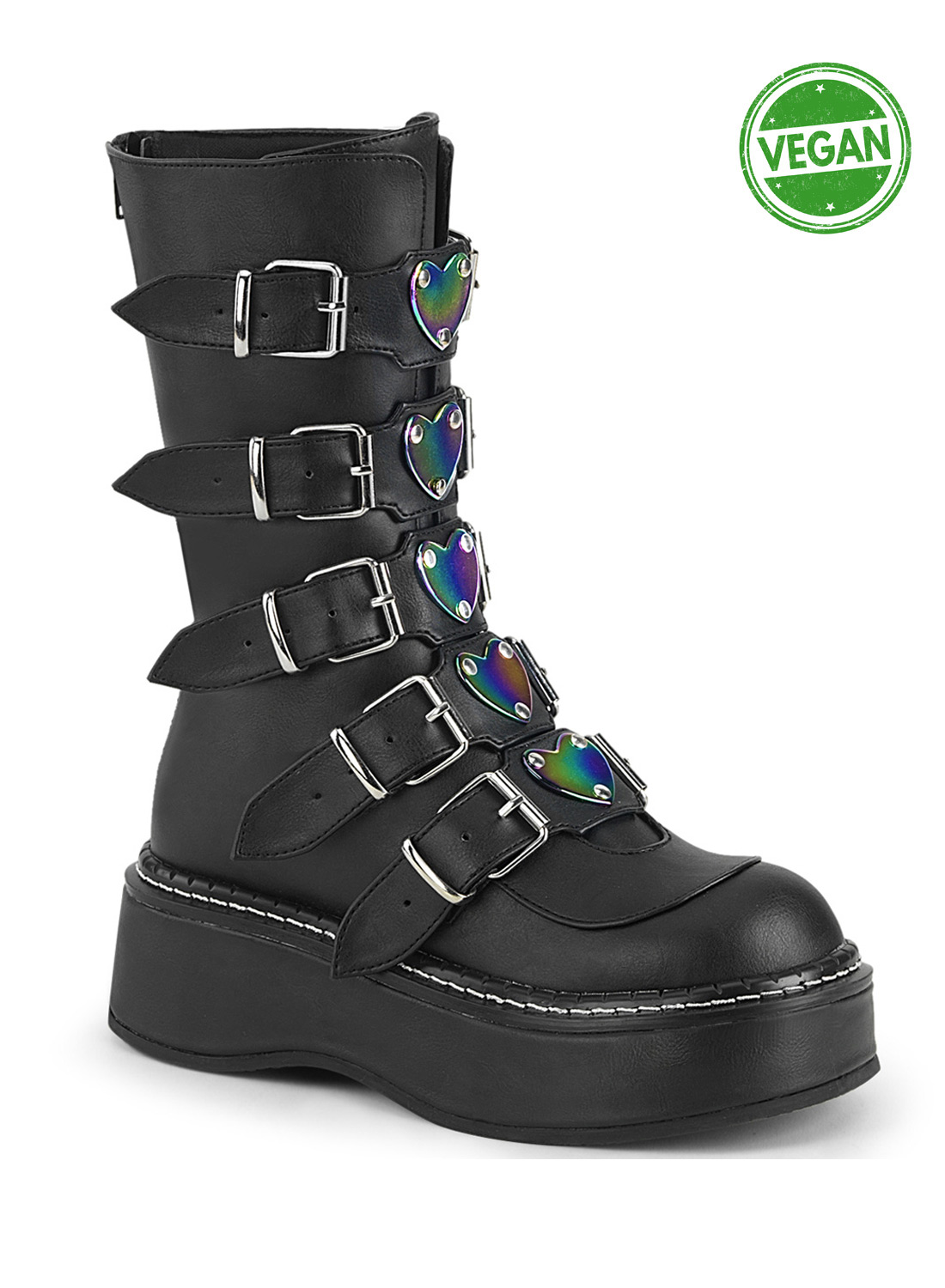 Demonia Emily-330. Demonia Emily-330. Black Emily-330-BVL gothic platform boots with five adjustable buckles, iridescent rainbow colored hearts and heavy platform sole.