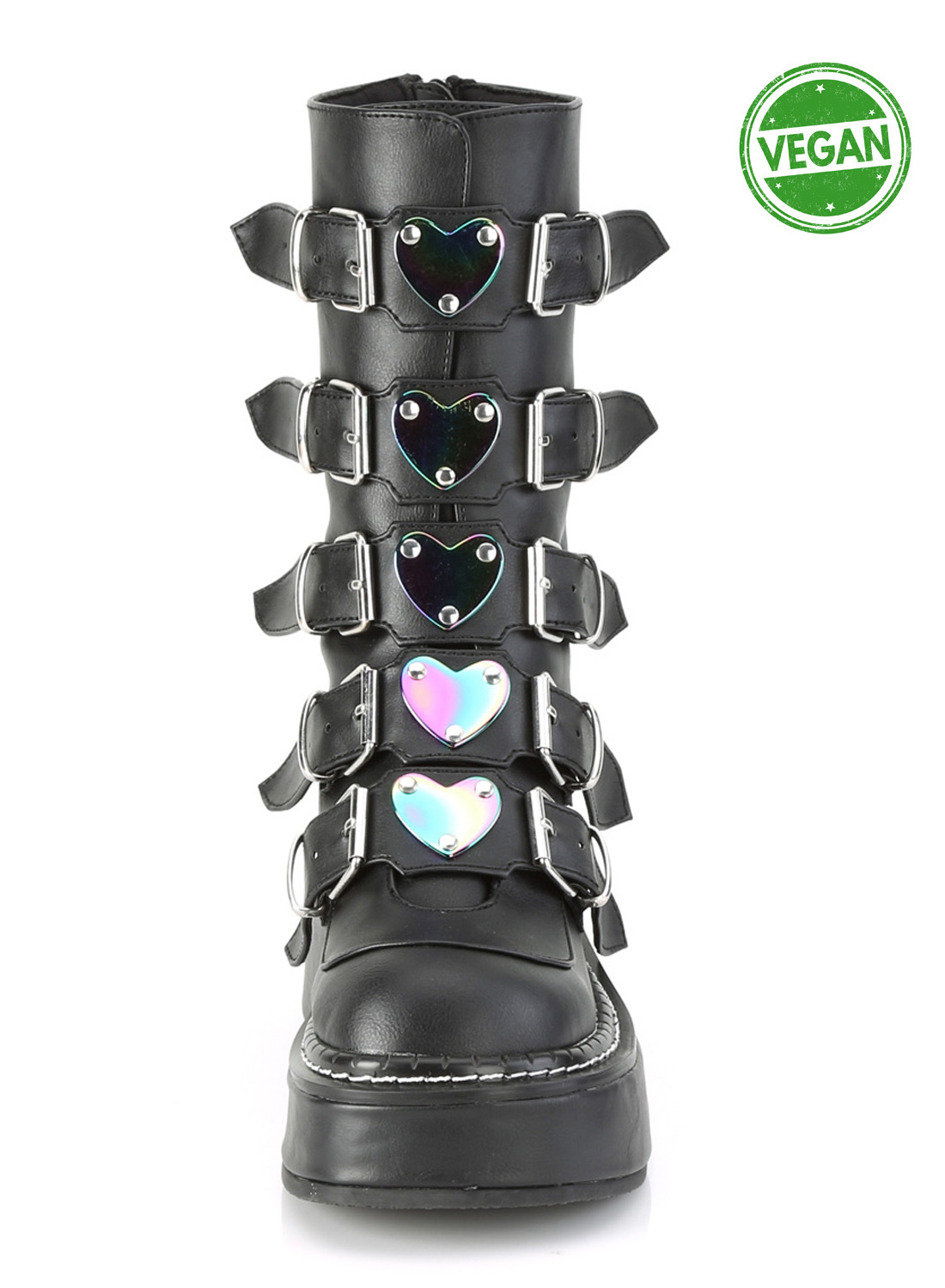 Demonia Emily-330. Black Emily-330-BVL gothic platform boots with five adjustable buckles, iridescent rainbow colored hearts and heavy platform sole.