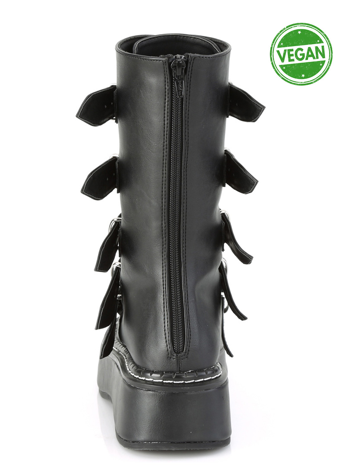 Demonia Emily-330. Black Emily-330-BVL gothic platform boots with five adjustable buckles, iridescent rainbow colored hearts and heavy platform sole.