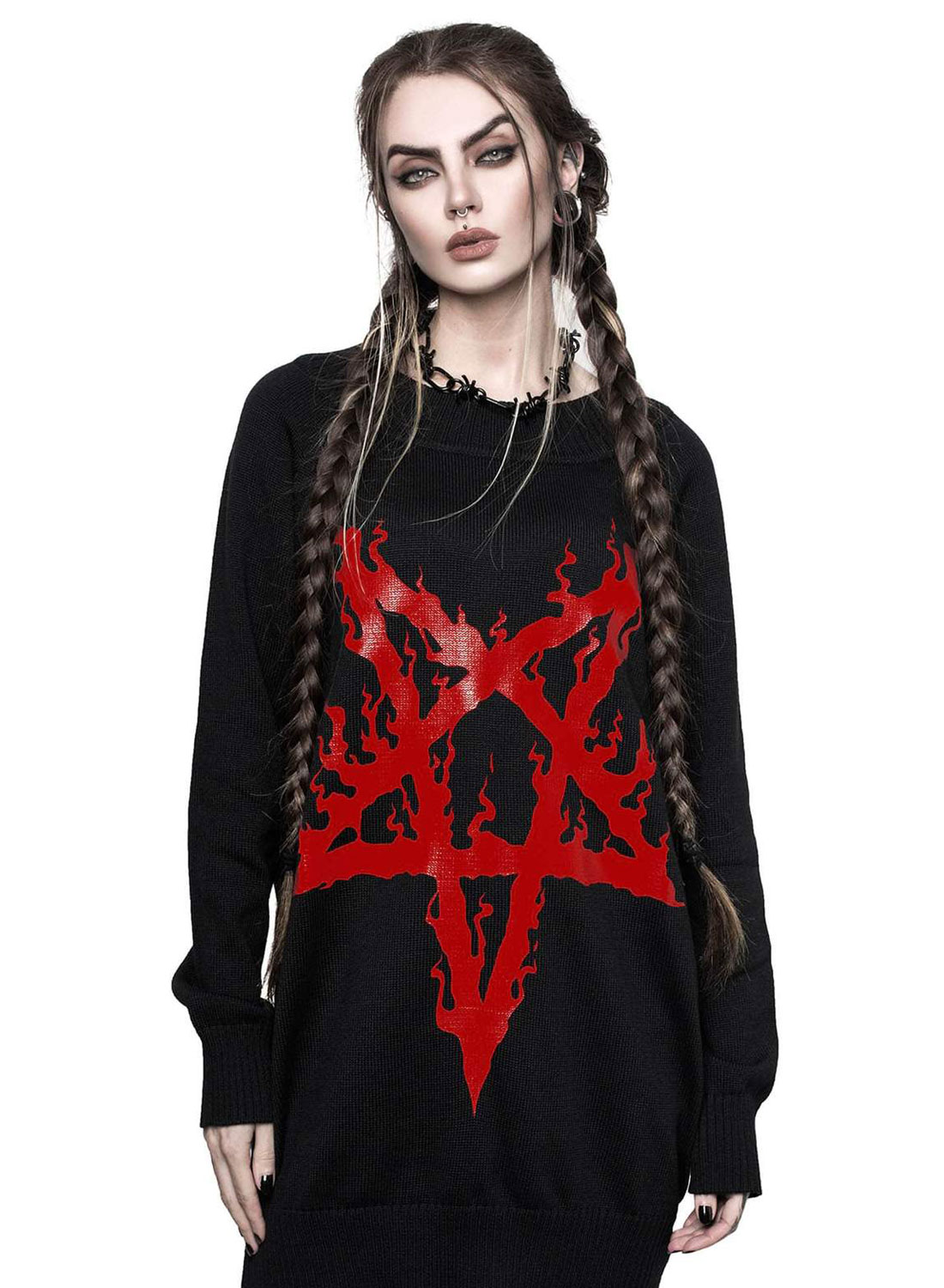Killstar Bloodpact Sweater. Black knit sweater with large red pentagram-like print on the front from Killstar.