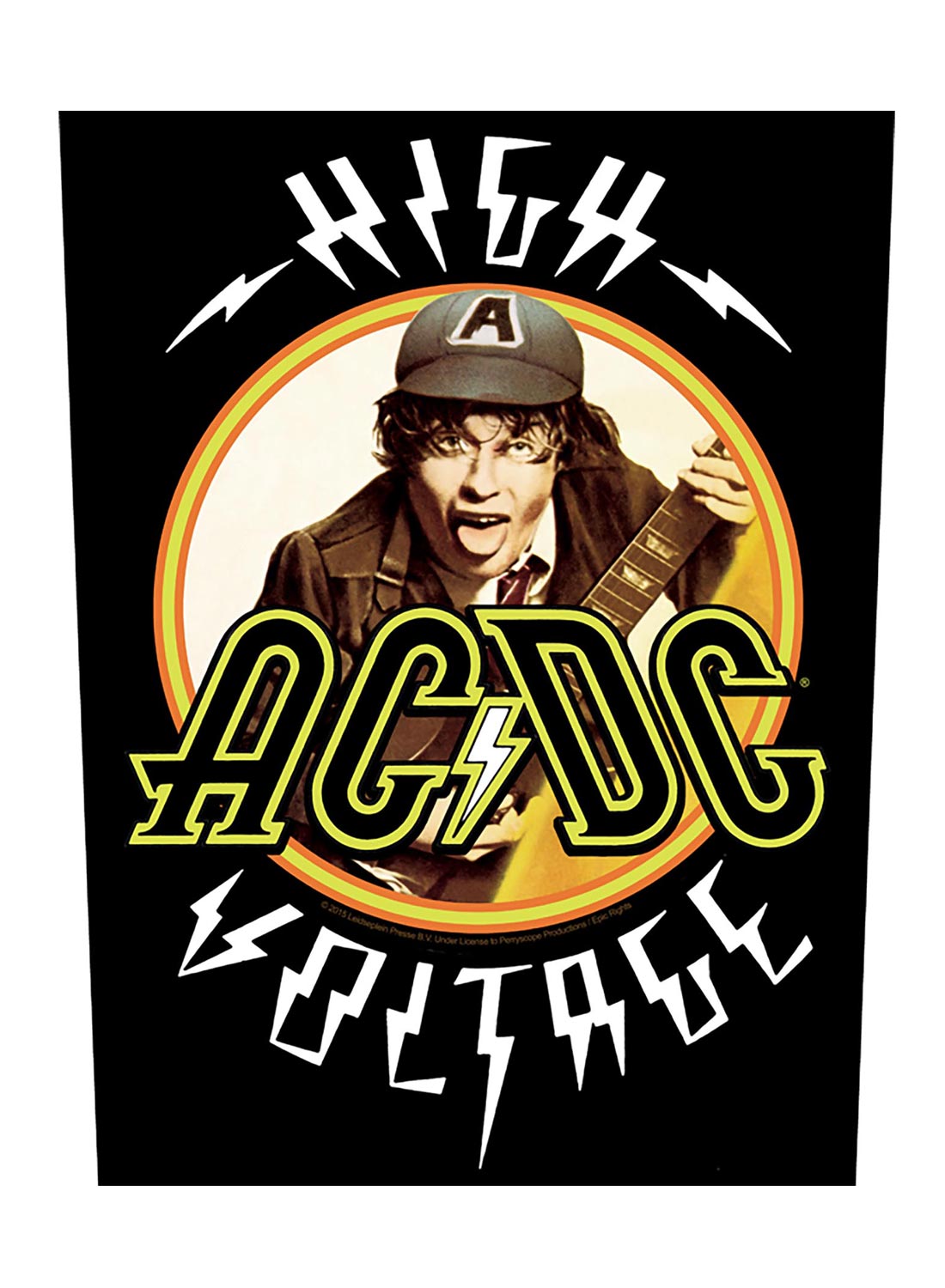 AC/DC High Voltage back patch with Angus Young motif and classic band logo.