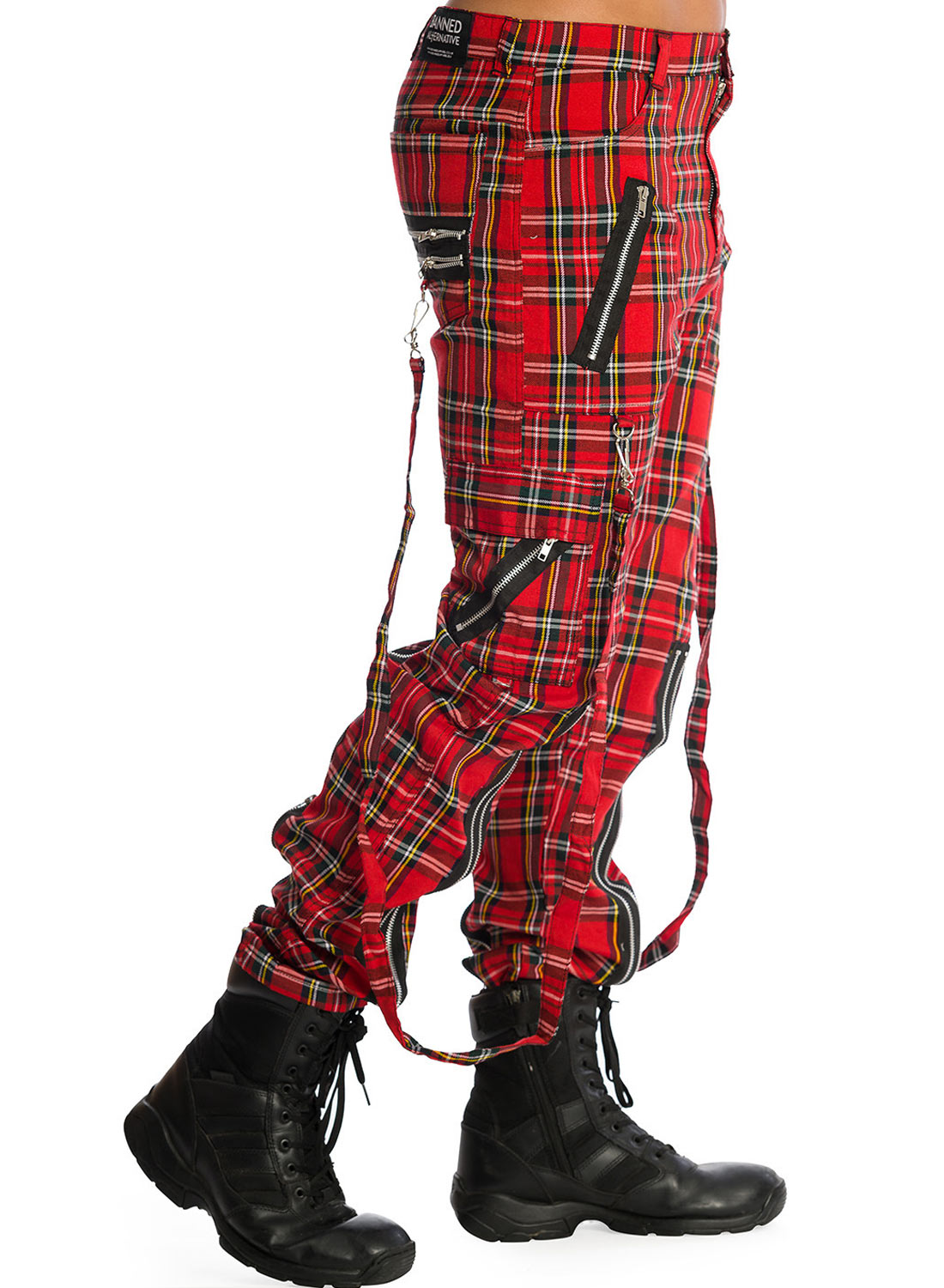 röd tartan färg har dessa byxor detaljer i form av dragkedjor och avtagbara remmar.