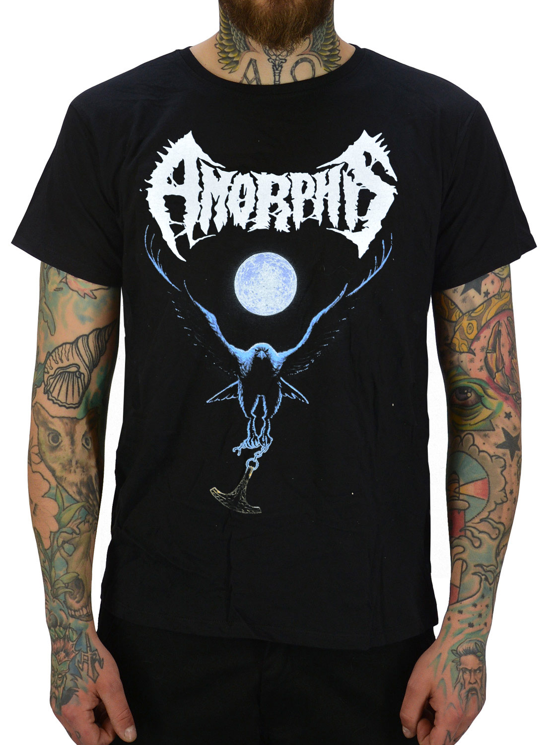 Amorphis Black Winter Day T-Shirt. black with print of bird and full moon in blue and white.