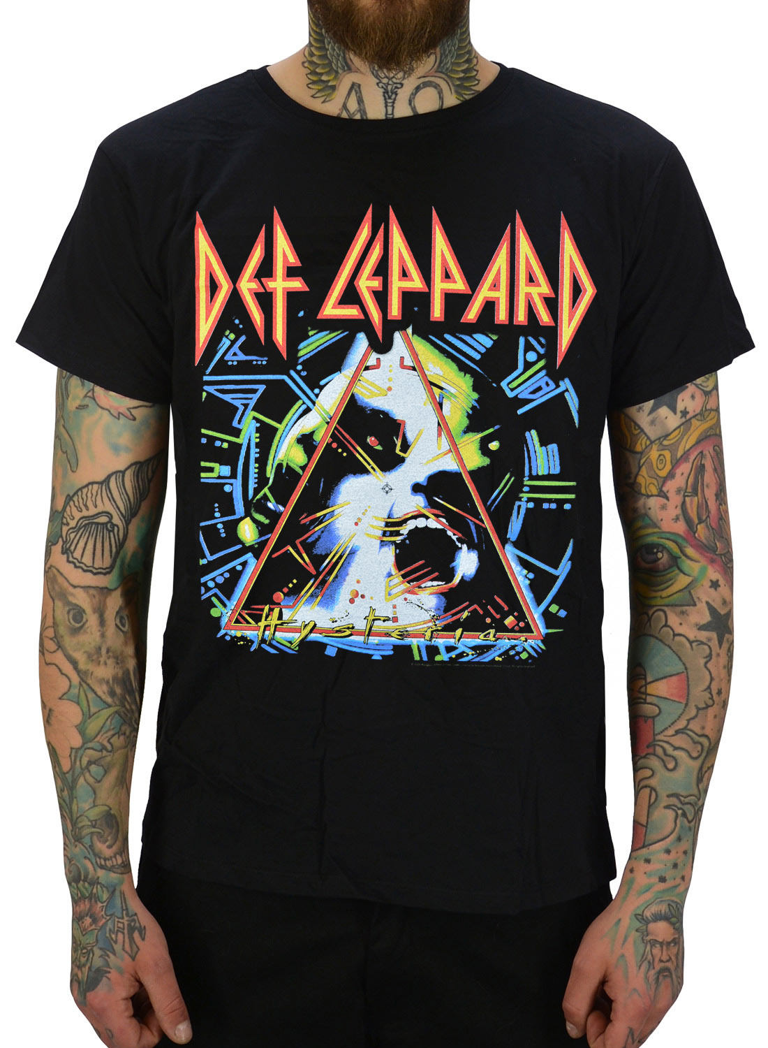 Def Leppard Hysteria T-shirt, black with Hysteria motif and colorful print on the front.