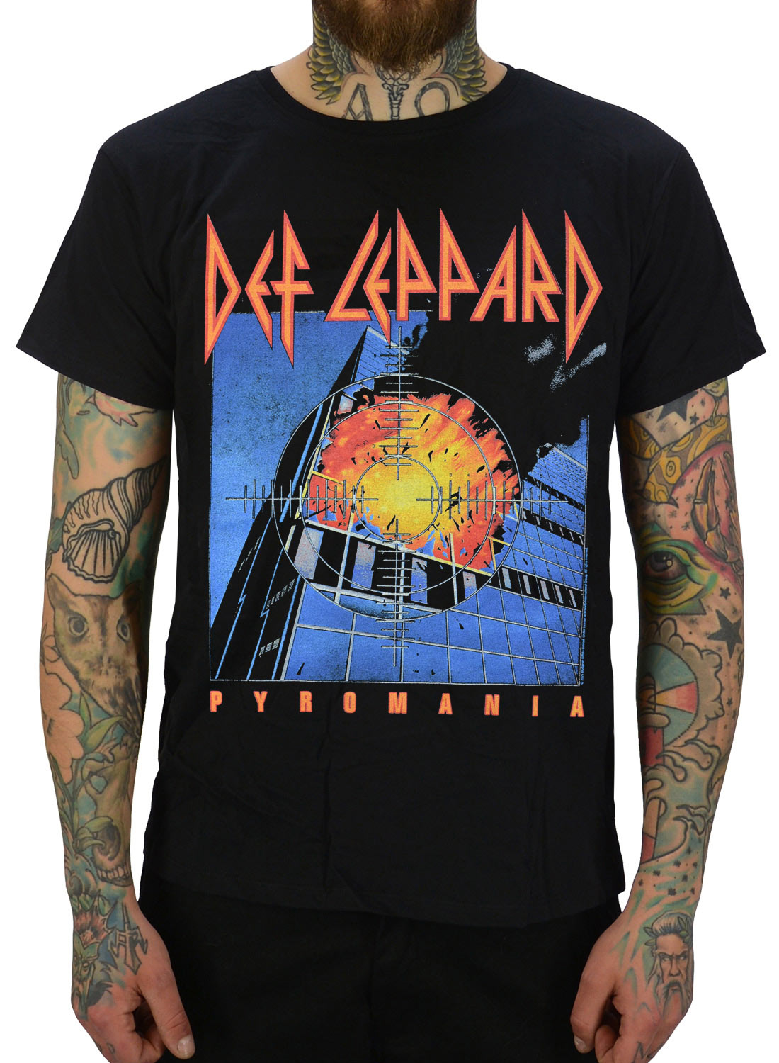 Def Leppard Pyromania T-shirt, black with Pyromania motif and colorful print with explosion and logo.