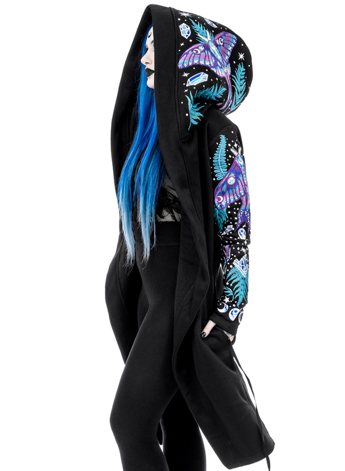 Restyle Enchanted Forest Hoodie - black gothic hoodie with embroidered moths, ferns and moon phases.