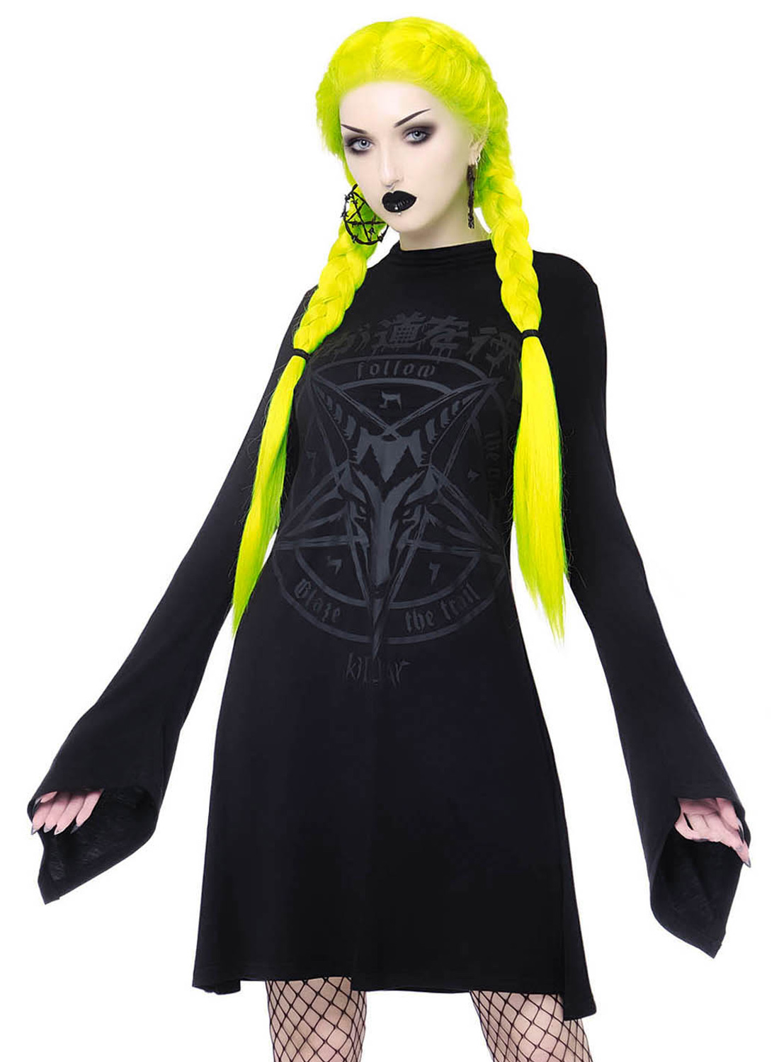 Killstar Charmstone Dress. Black goth dress with long flared sleeves and occult print