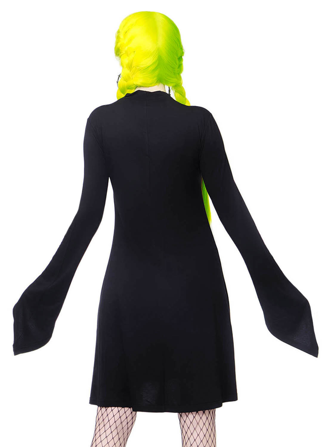 Killstar Charmstone Dress. Black goth dress with long flared sleeves and occult print