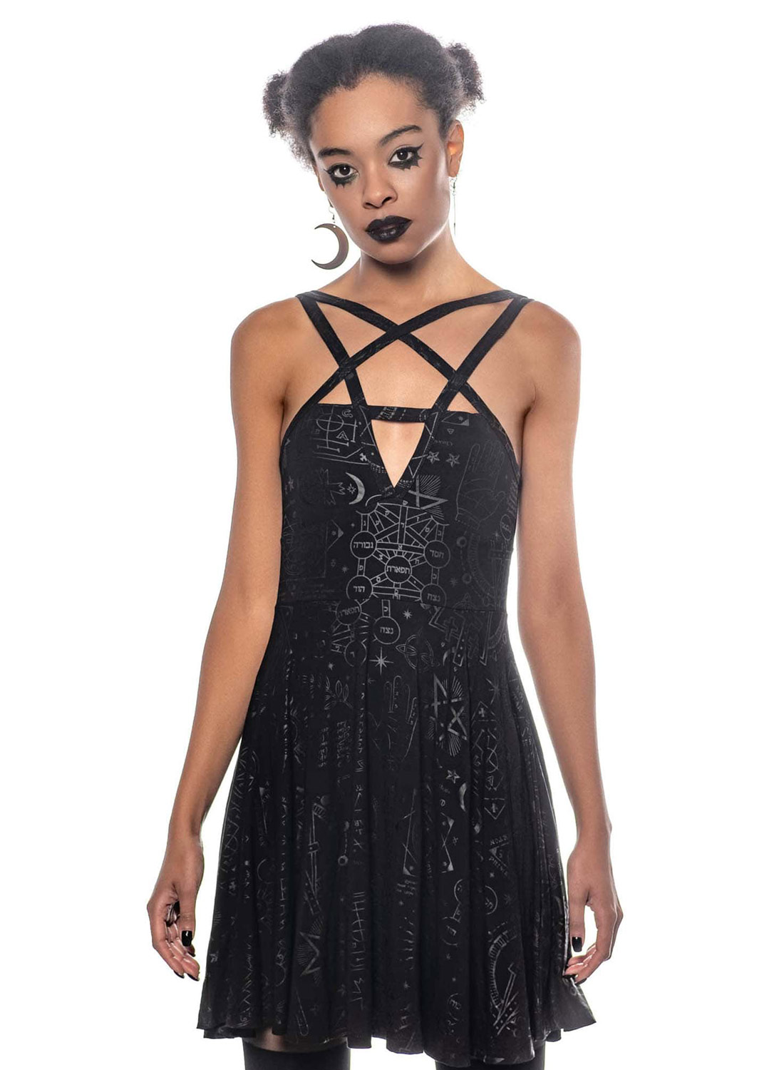 Killstar Covenant Skater Dress. Crossed straps across the bust and occult pattern, alternative style flared skirt