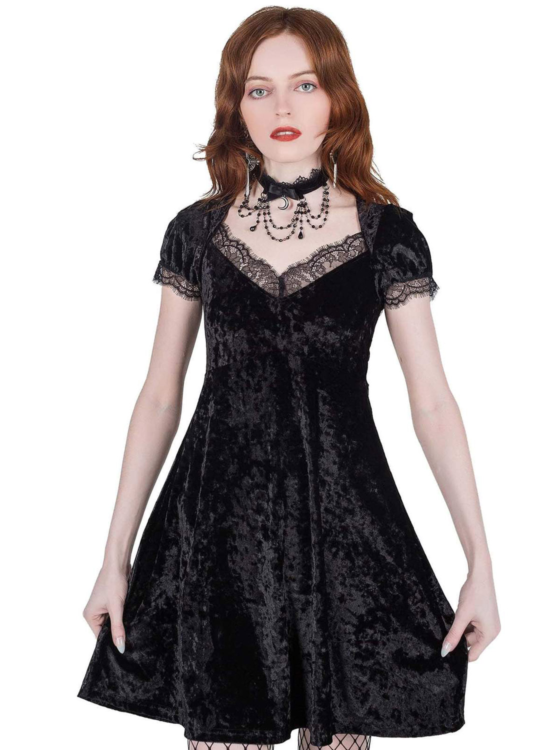 Killstar Kiss of Death Dress. Velvet dress with lace details, short sleeves and flared skirt in gothic style