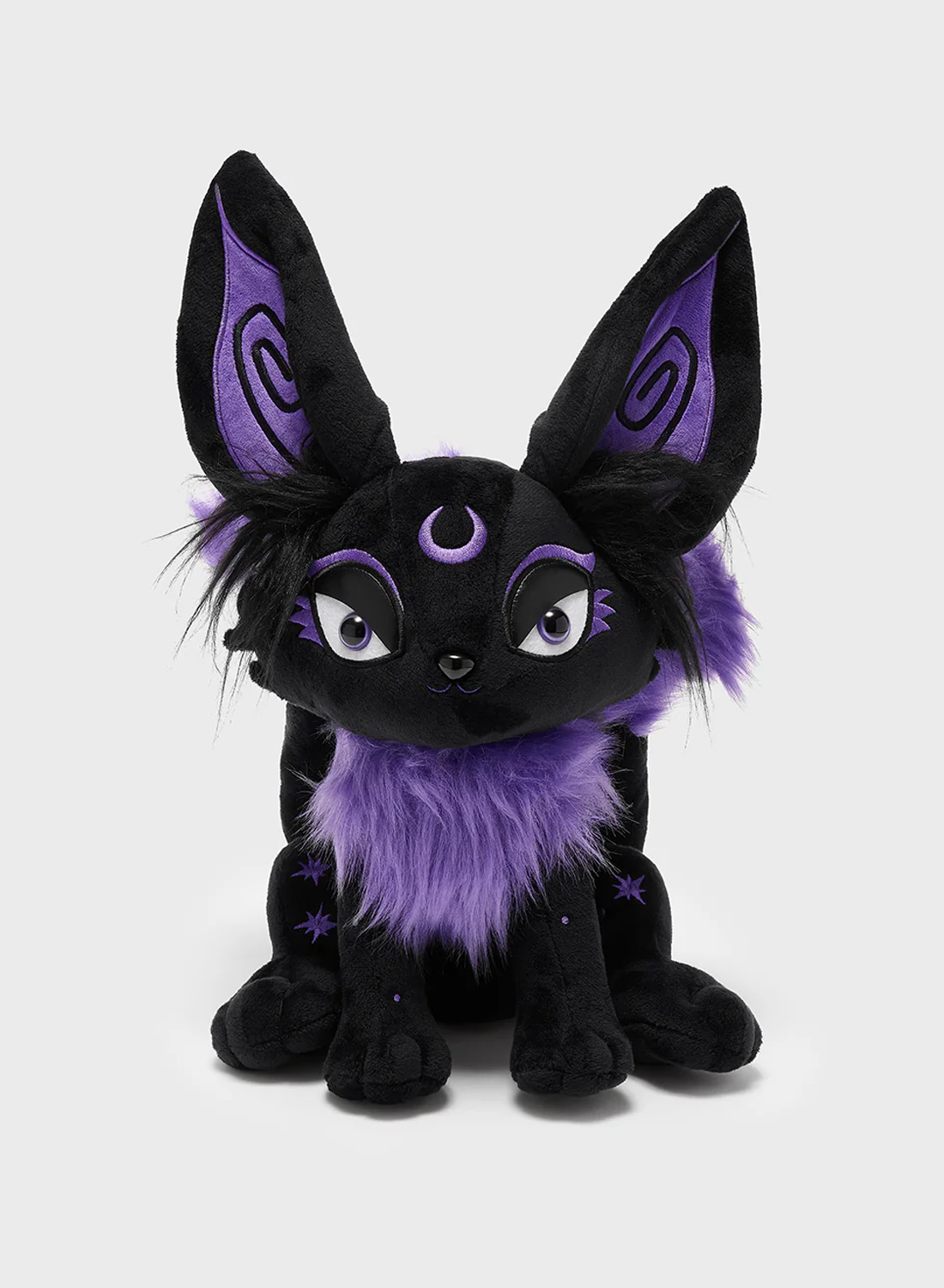 Killstar Kitsune Plush Toy. Black and purple Kitsune plush toy from Killstar with big ears, purple details and moon symbol on forehead.