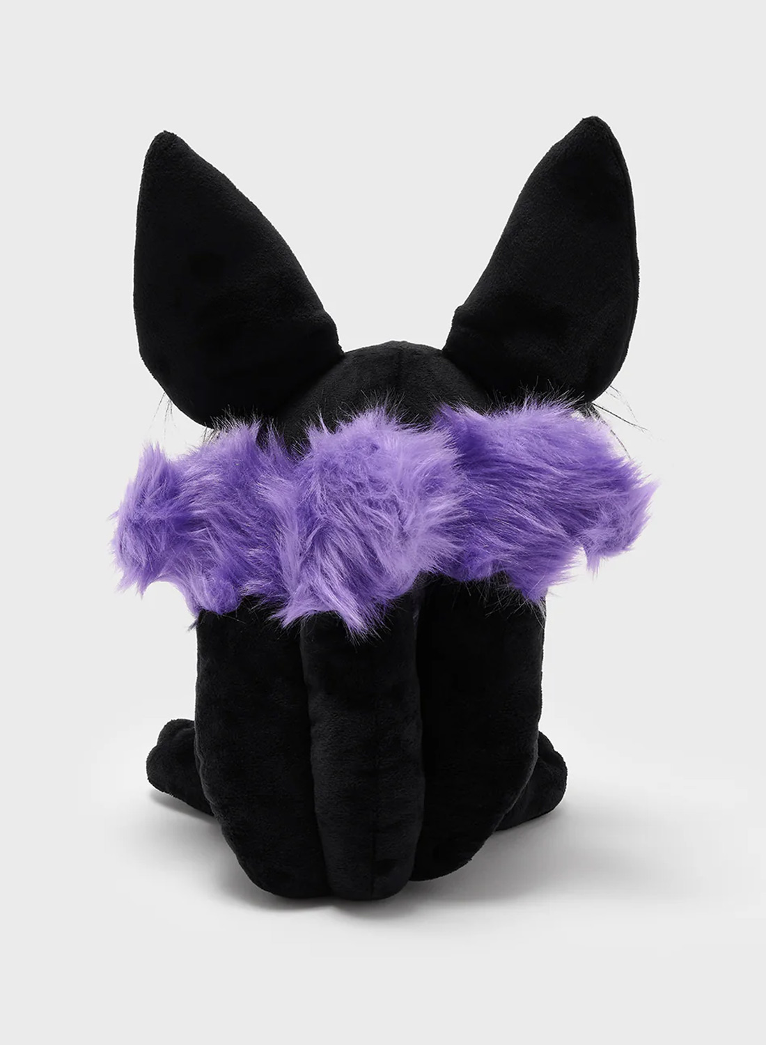 Black and purple Kitsune plush toy from Killstar with big ears, purple details and moon symbol on forehead.