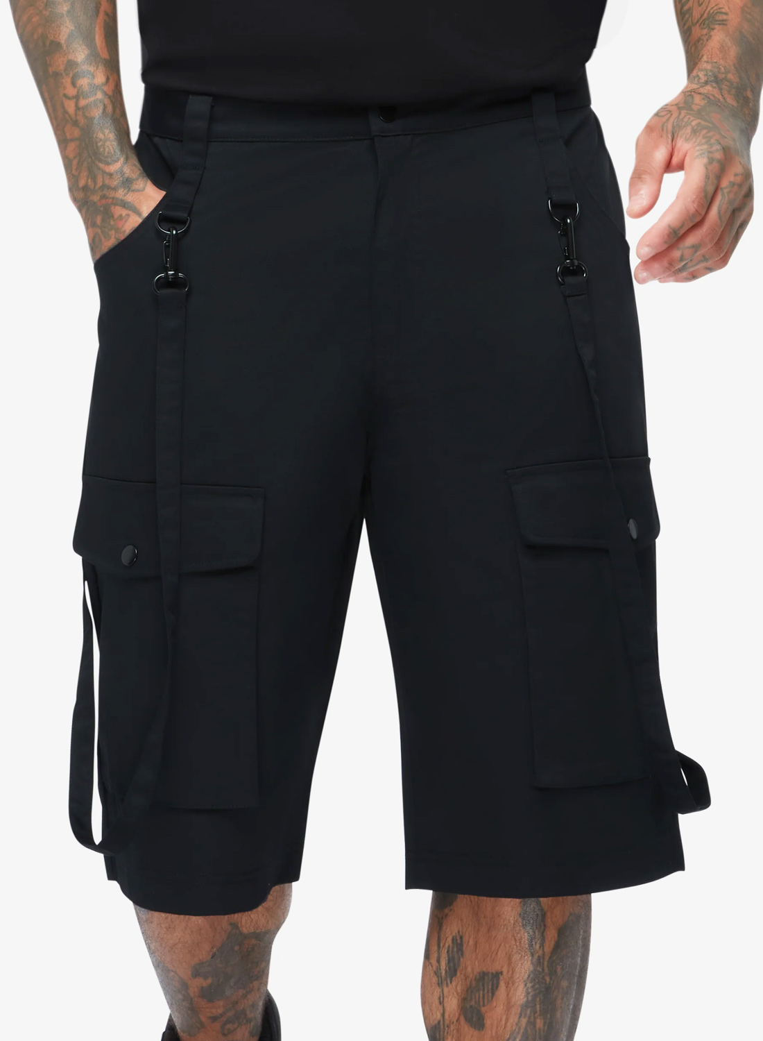 Black Killstar Sacred Skull shorts with utility design, side pockets and removable straps at the front.
