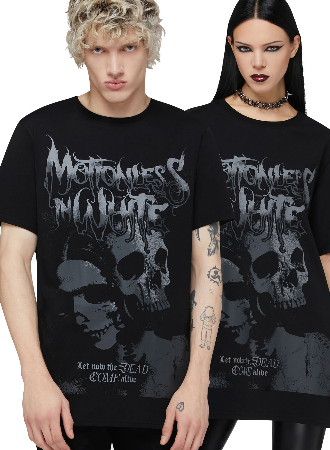 Black Motionless In White t-shirt with Dead Come Alive print and motif of skulls in dark design