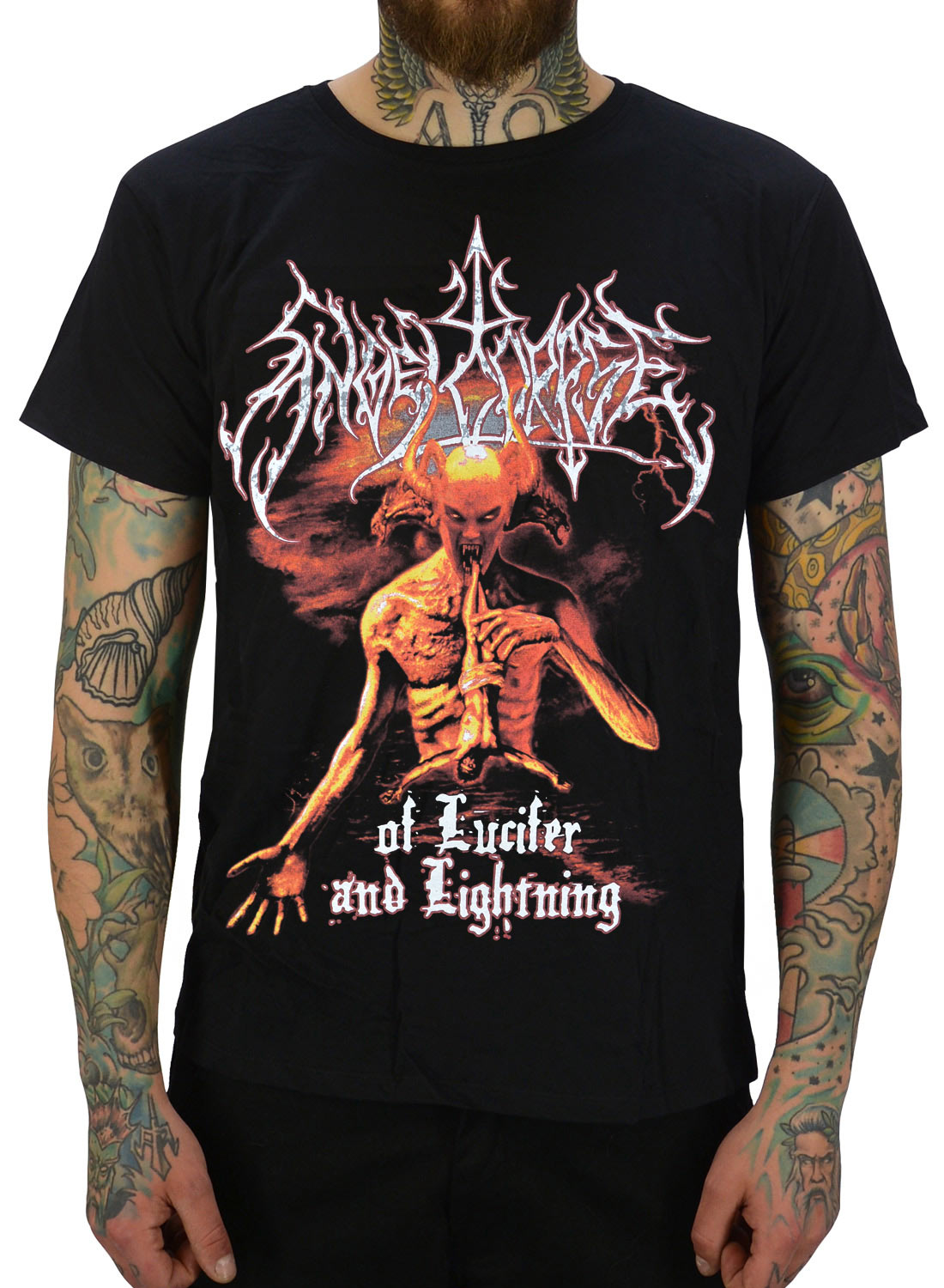Angelcorpse Of Lucifer And Lightning T-Shirt, with demon motif in fiery colors and white black metal logo and the text "of Lucifer and lightning" on the front.