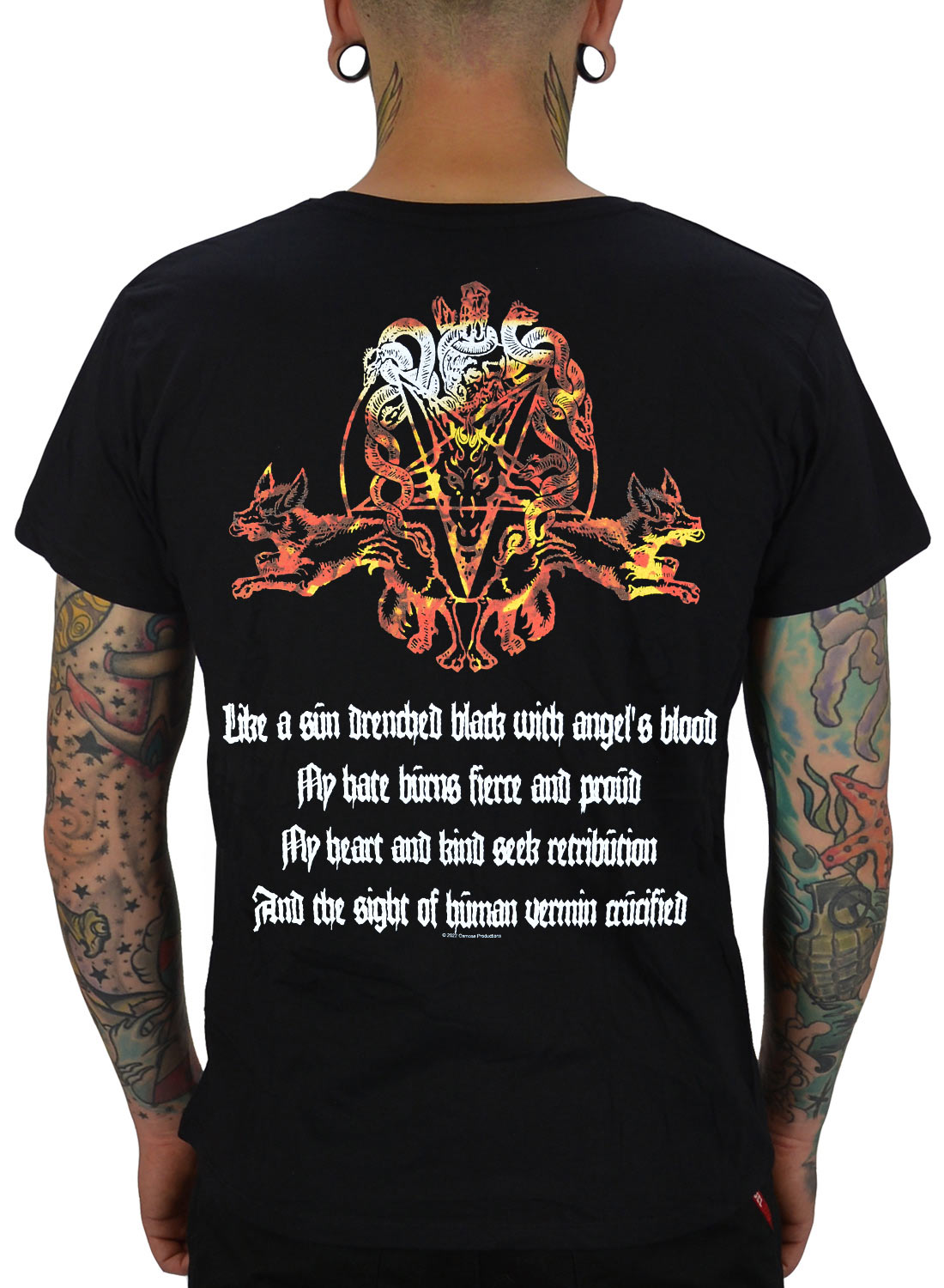 Angelcorpse Of Lucifer And Lightning T-Shirt with large back print of demonic motif in fiery colors and white text with dark occult theme on the back.