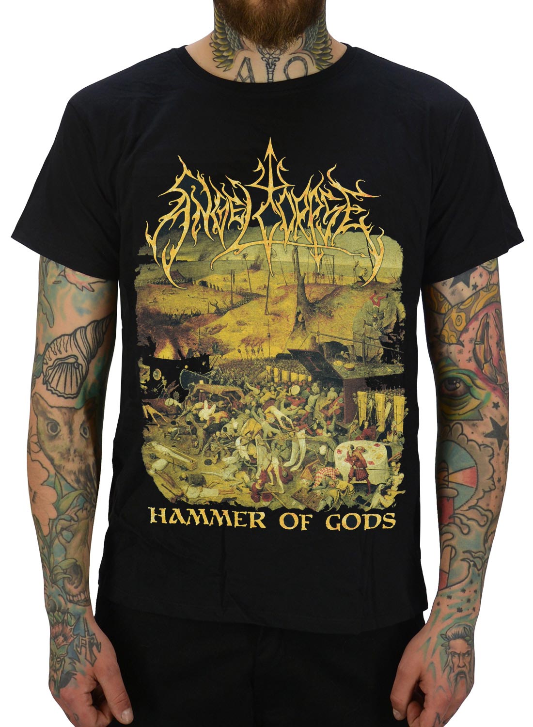 Angelcorpse Hammer of Gods T-Shirt in black with brutal death metal motif. Perfect band shirt for fans of extreme metal, concerts and streetwear
