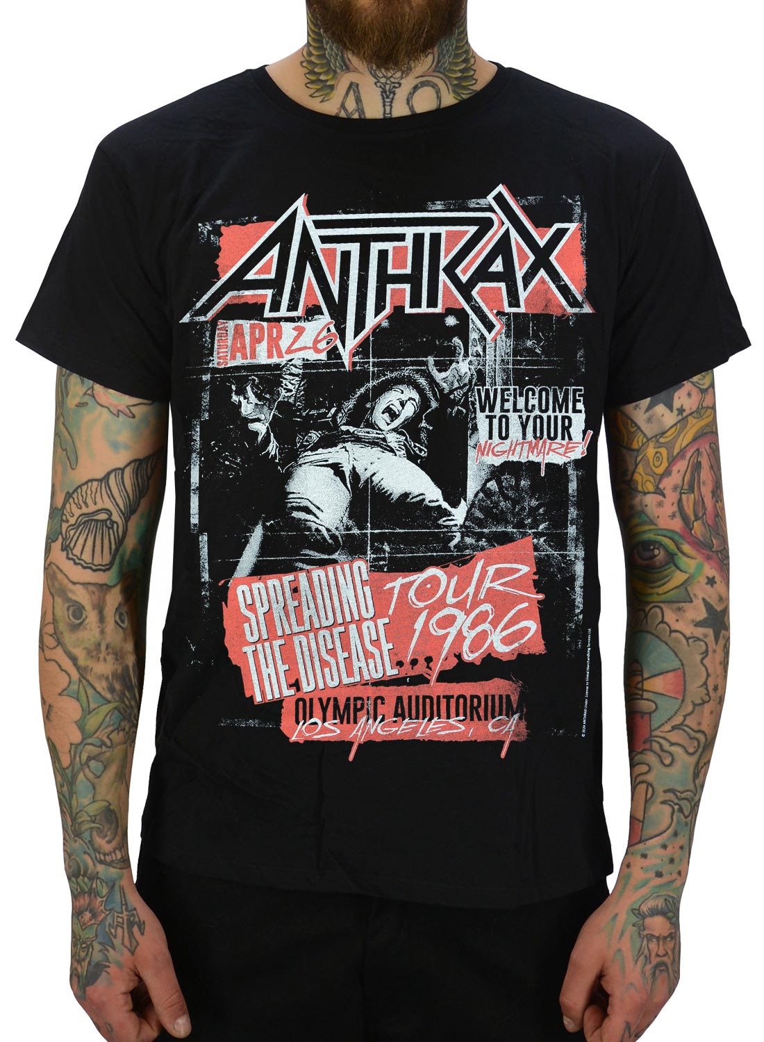 Black Anthrax t-shirt with Spreading the Disease Tour 1986 print and retro rock motif in red and white