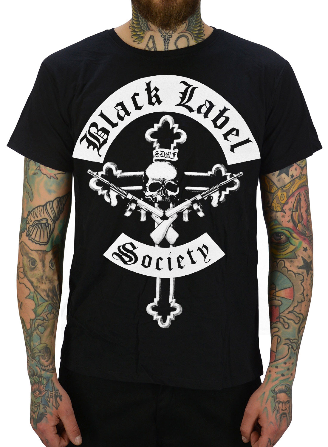 Black Label Society Mafia T-Shirt, black with skull, cross and crossed arms on the front.