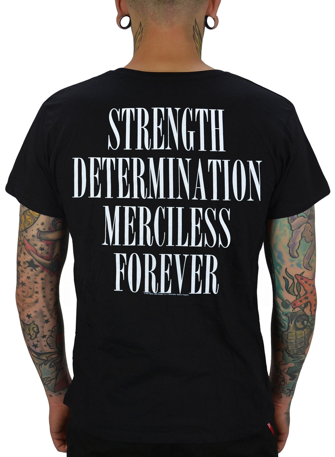 Black Label Society Mafia T-Shirt, with the text Strength Determination Merciless Forever.