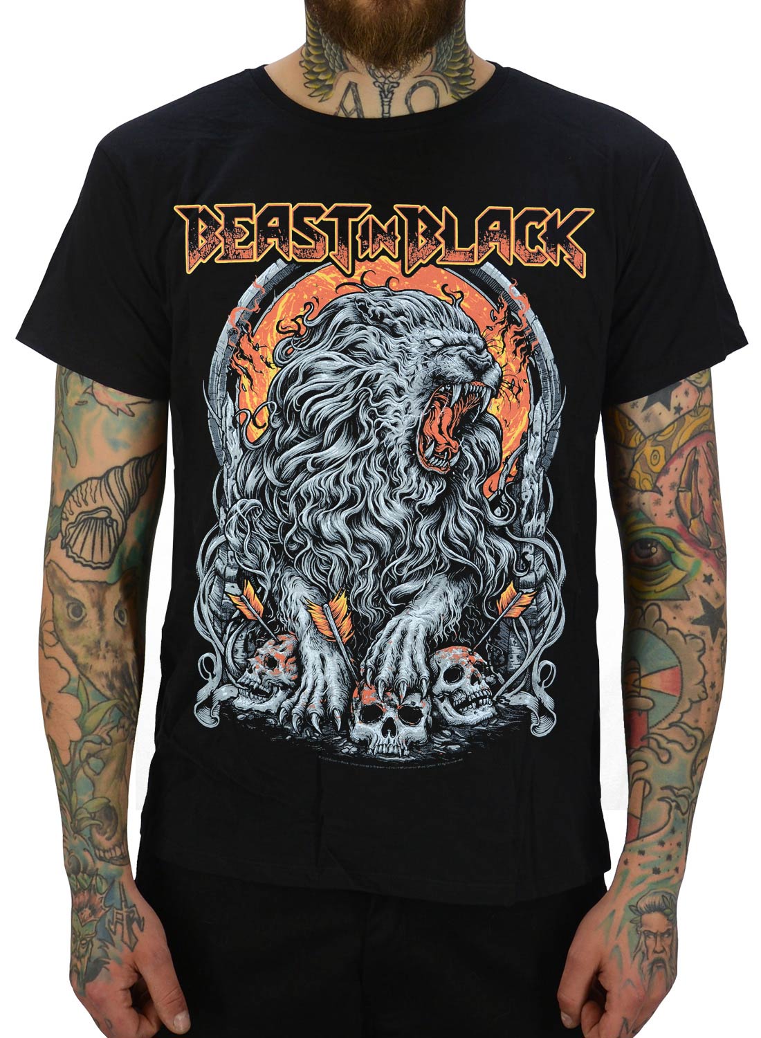 Beast In Black Glory to the Beast T-Shirt, featuring a detailed lion motif, skulls and the text "Beast in Black" in heavy metal style, with fire in the background.