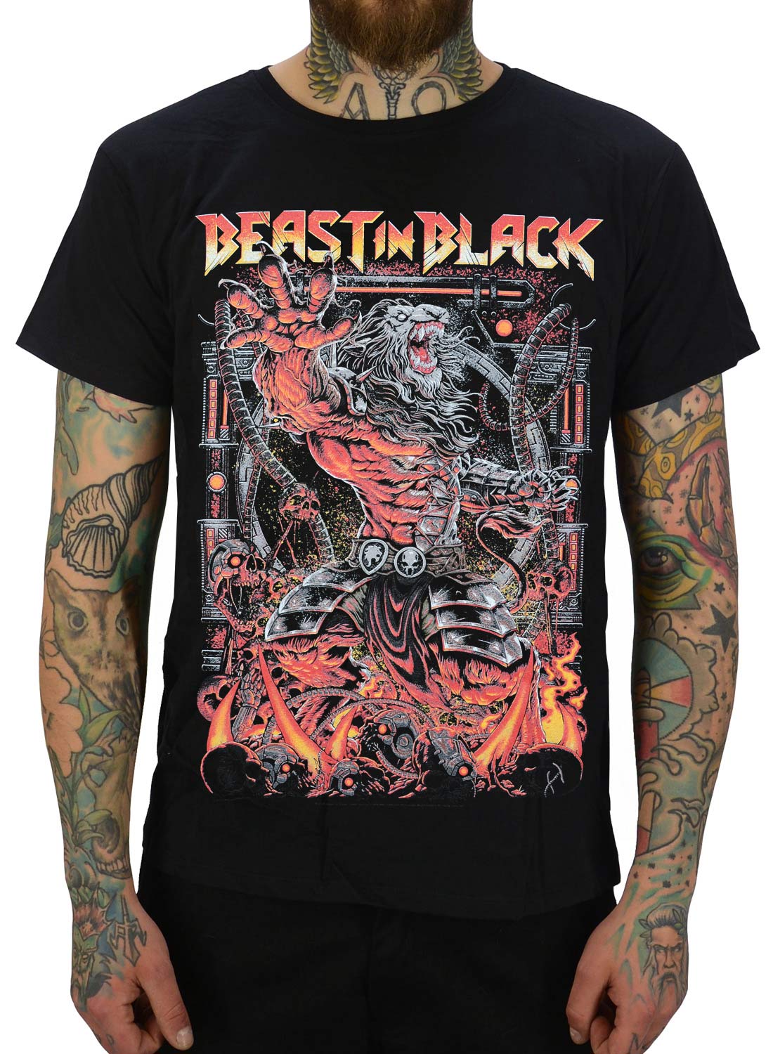 Beast In Black Power Of The Beast T-Shirt, black with colorful motif of futuristic monster and logo on the front.