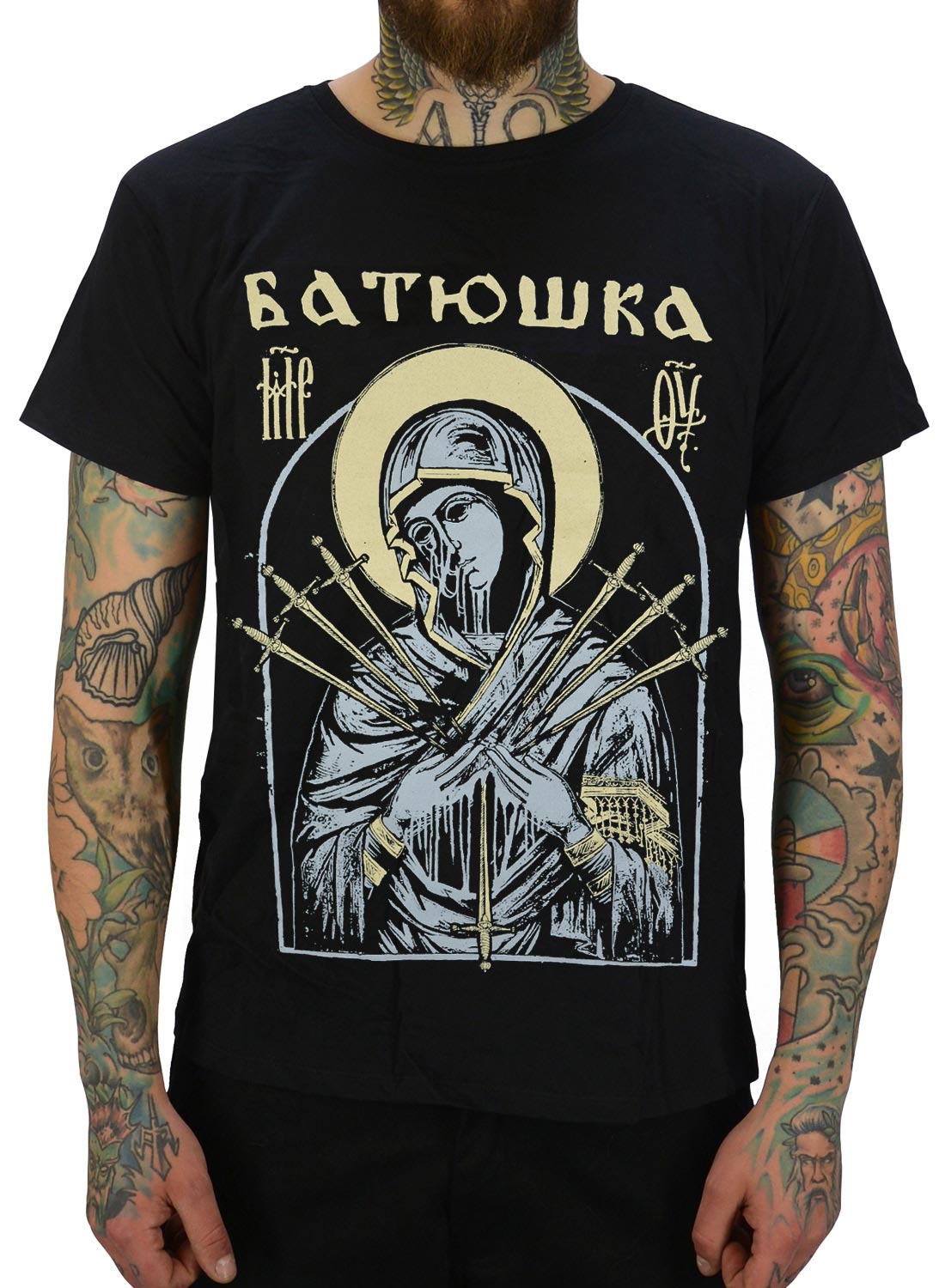 Batushka Marry Dagger T-shirt. Black with religious motif and daggers in front.