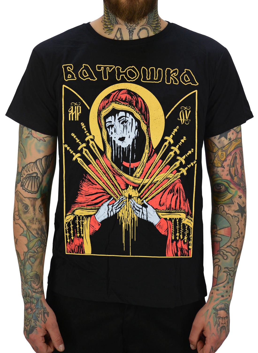 Batushka Maria T-shirt with red-clad figure, daggers and religious iconography in black metal style