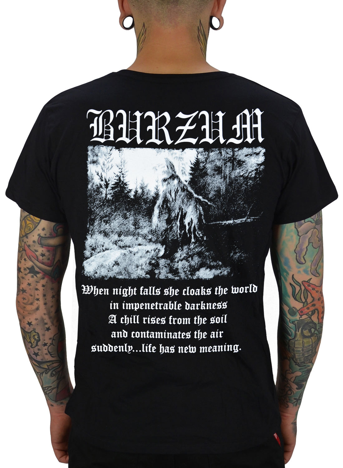 Burzum Filosofem T-Shirt. Back print with dark forest scene and text from Filosofem.
