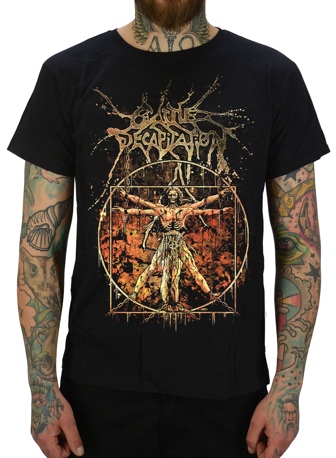Cattle Decapitation Vitruvian T-Shirt, Black Cattle Decapitation t-shirt with Vitruvian inspired motif in brutal death metal style