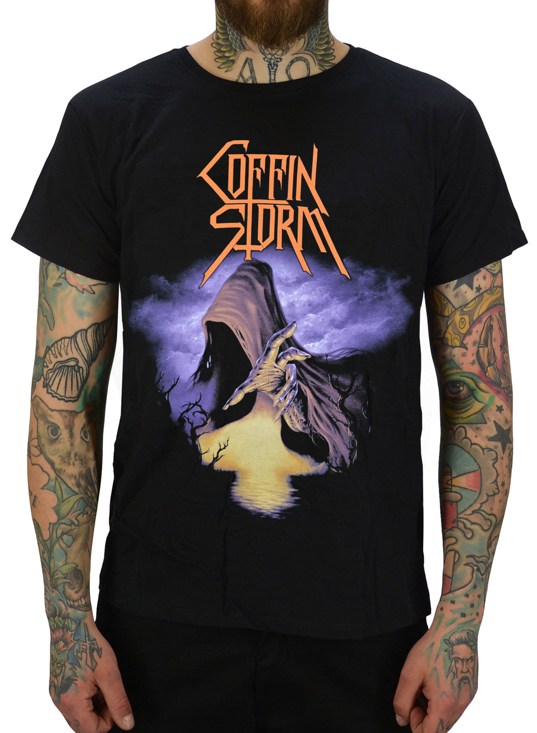 Coffin Storm Arcana Risung T-Shirt. Black Coffin Storm t-shirt with Arcana Rising motif and dark metal design.