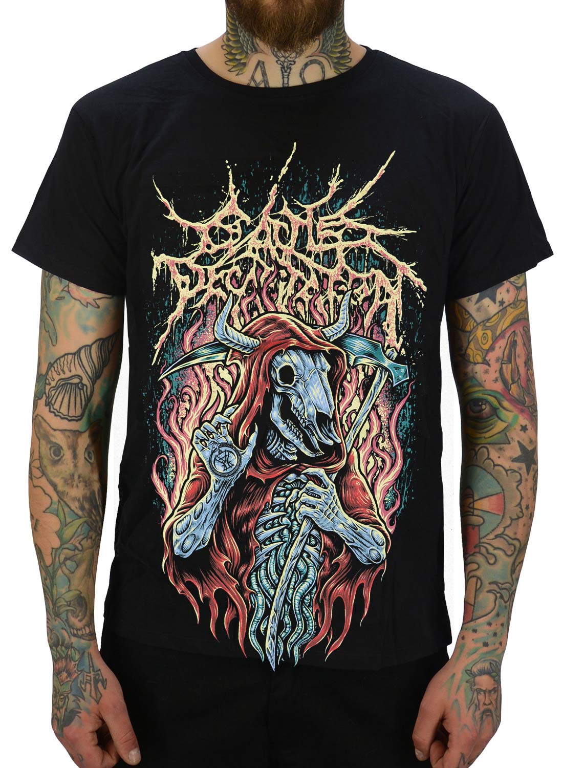 Cattle Decapitation Reaper Ramirez T-Shirt. Black Cattle Decapitation t-shirt with Reaper Ramirez motif in brutal death metal design.