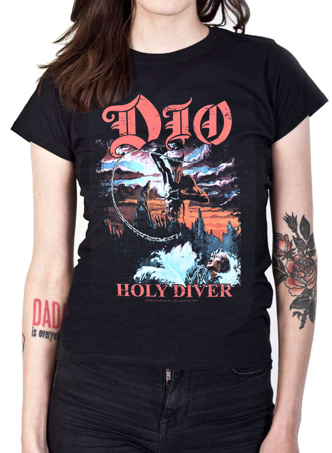 Black Dio top with Holy Diver motif, red DIO logo and classic heavy metal print