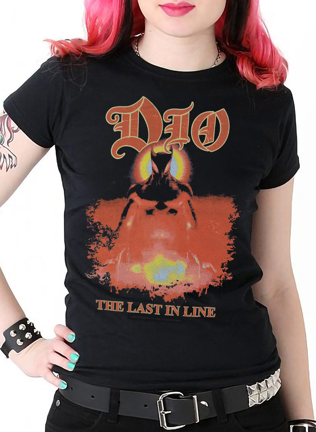 Dio Last In Line Album Top with “The Last in Line” motif and fire inspired print in red and orange