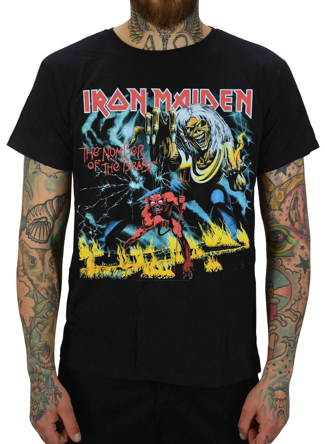 Iron Maiden Number Of The Beast T-shirt, with Eddie and demon motif in fiery landscape.
