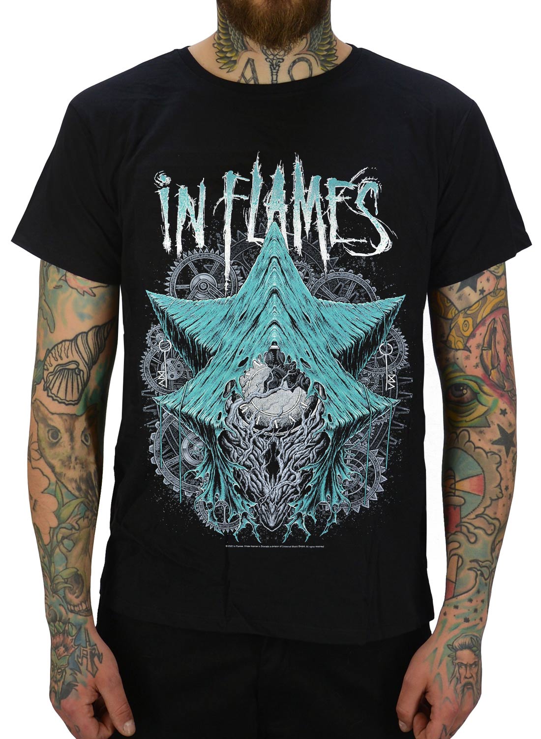 In Flames The Wheel Turns T-shirt, with turquoise abstract motif and band logo in metal style.