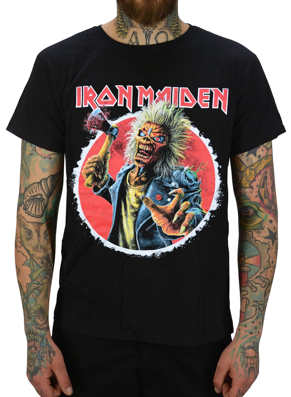 Iron Maiden Ax Eddie T-shirt, with Eddie holding an ax and red logo on the front.