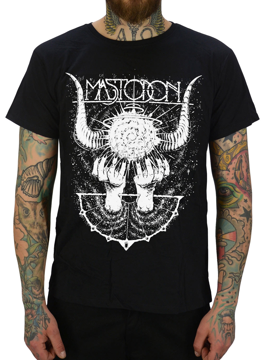 Mastodon Horns T-shirt, with white graphic motif and abstract metal design.
