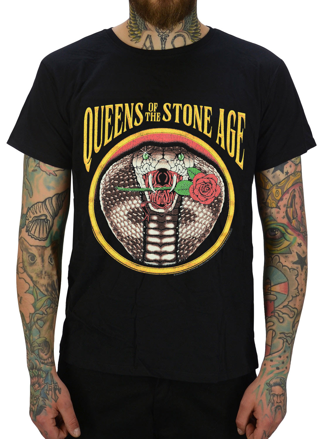 Queens Of The Stone Age Cobra T-shirt black with snake and rose motif and band logo on the front.