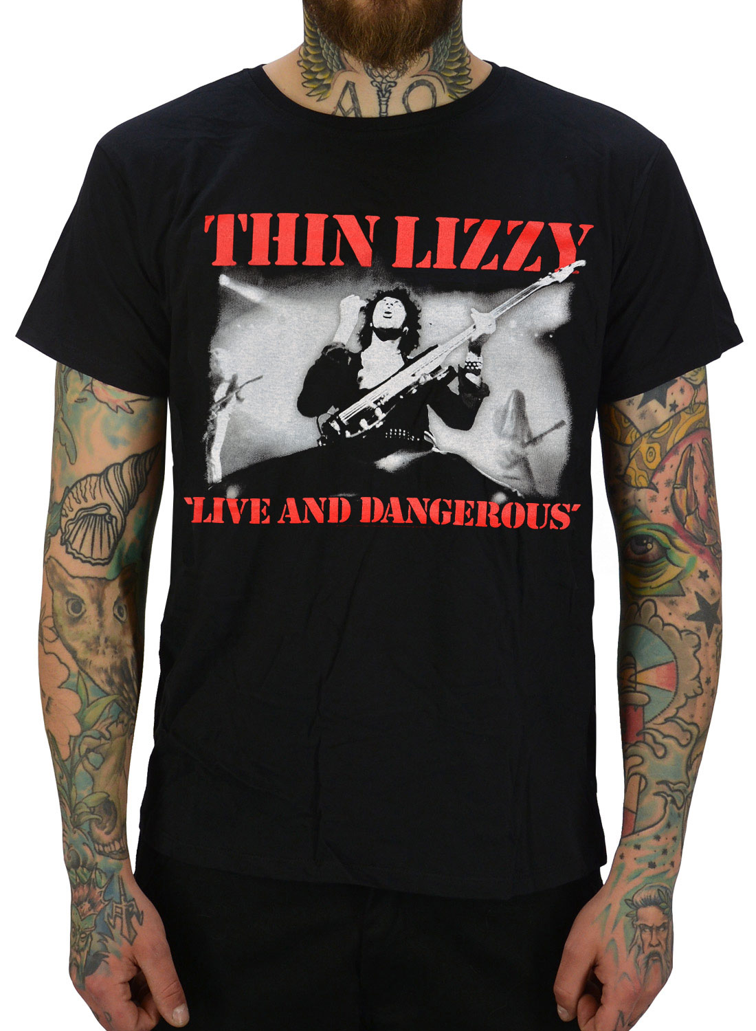 Thin Lizzy Dangerous T-shirt black with Live and Dangerous motif and red band logo on the front.