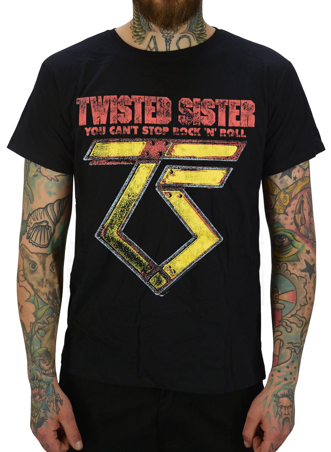 Twisted Sister You Can't Stop Rock 'N' Roll T-shirt black with You Can't Stop Rock 'n' Roll text and classic TS logo.