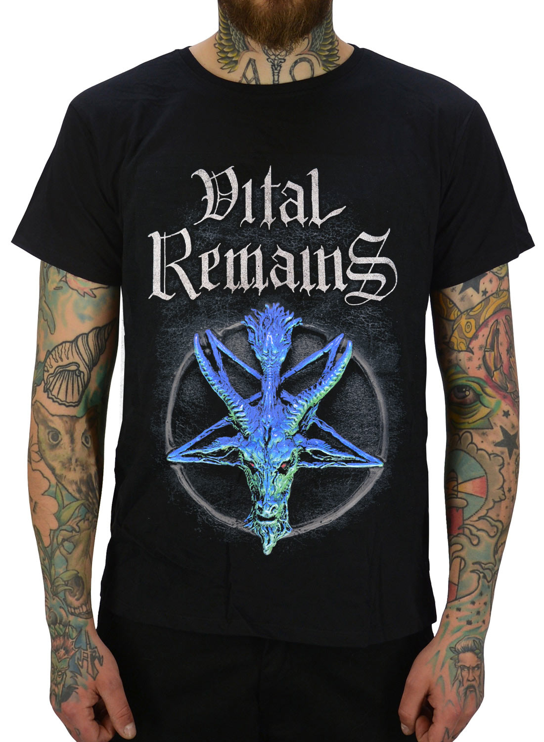 Vital Remains T-shirt Forever Underground black with pentagram and goat motif in blue tones.