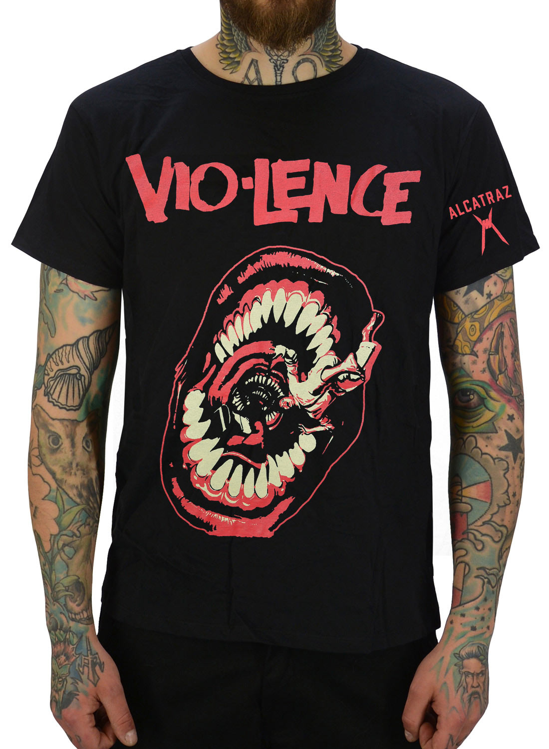 Vio-Lence T-shirt Head Stomping Boots black with red motif of open mouth and band logo.