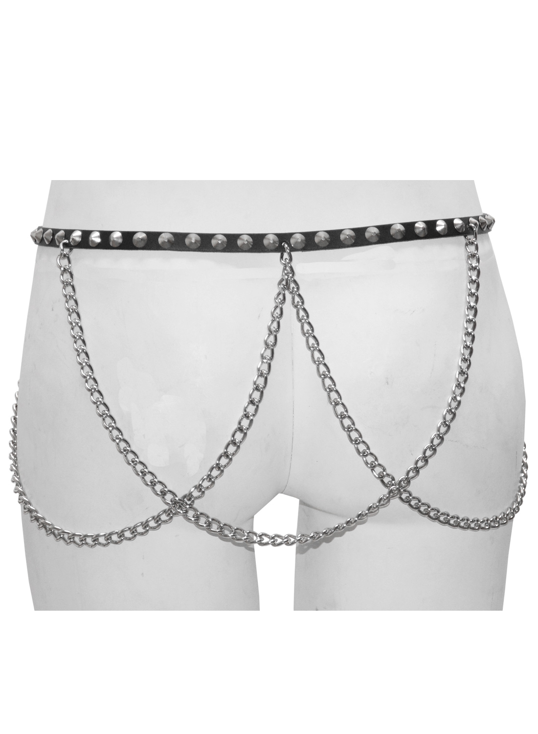 1 Row Con Studbelt Chain black punk belt with studs and chains around the waist.