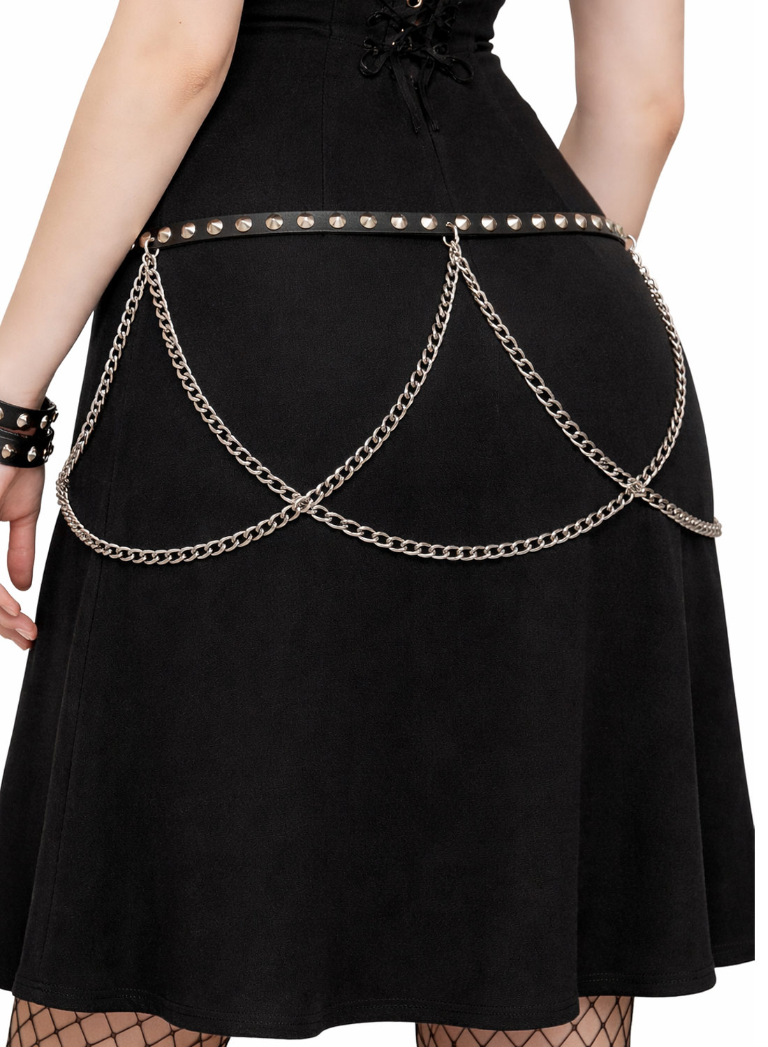 1 Row Con Studbelt Chain black punk belt with studs and chains around the waist.