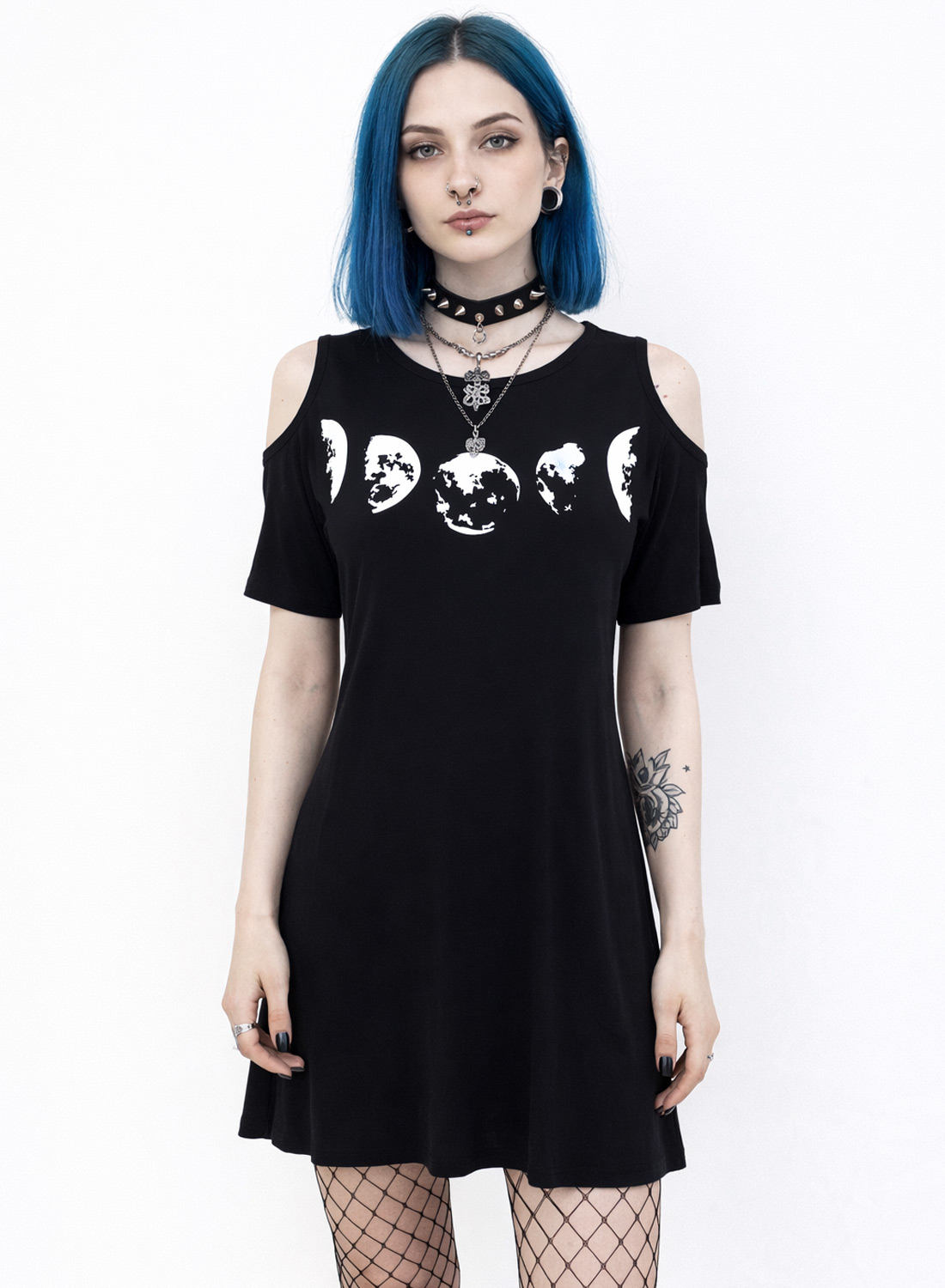 Moon Phase Top Dress with moon phase print and cold shoulder design.