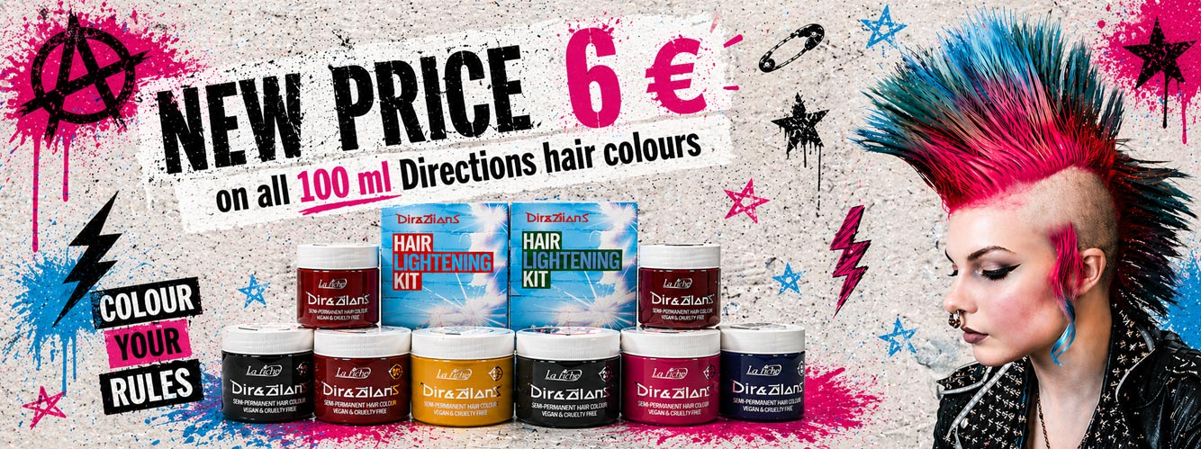 Advertising image for hair dye showing a person with a colorful mohawk in pink, turquoise, and black next to several jars of semi-permanent hair color. The text indicates a promotional price of 6 € for 100 ml Directions hair colors.