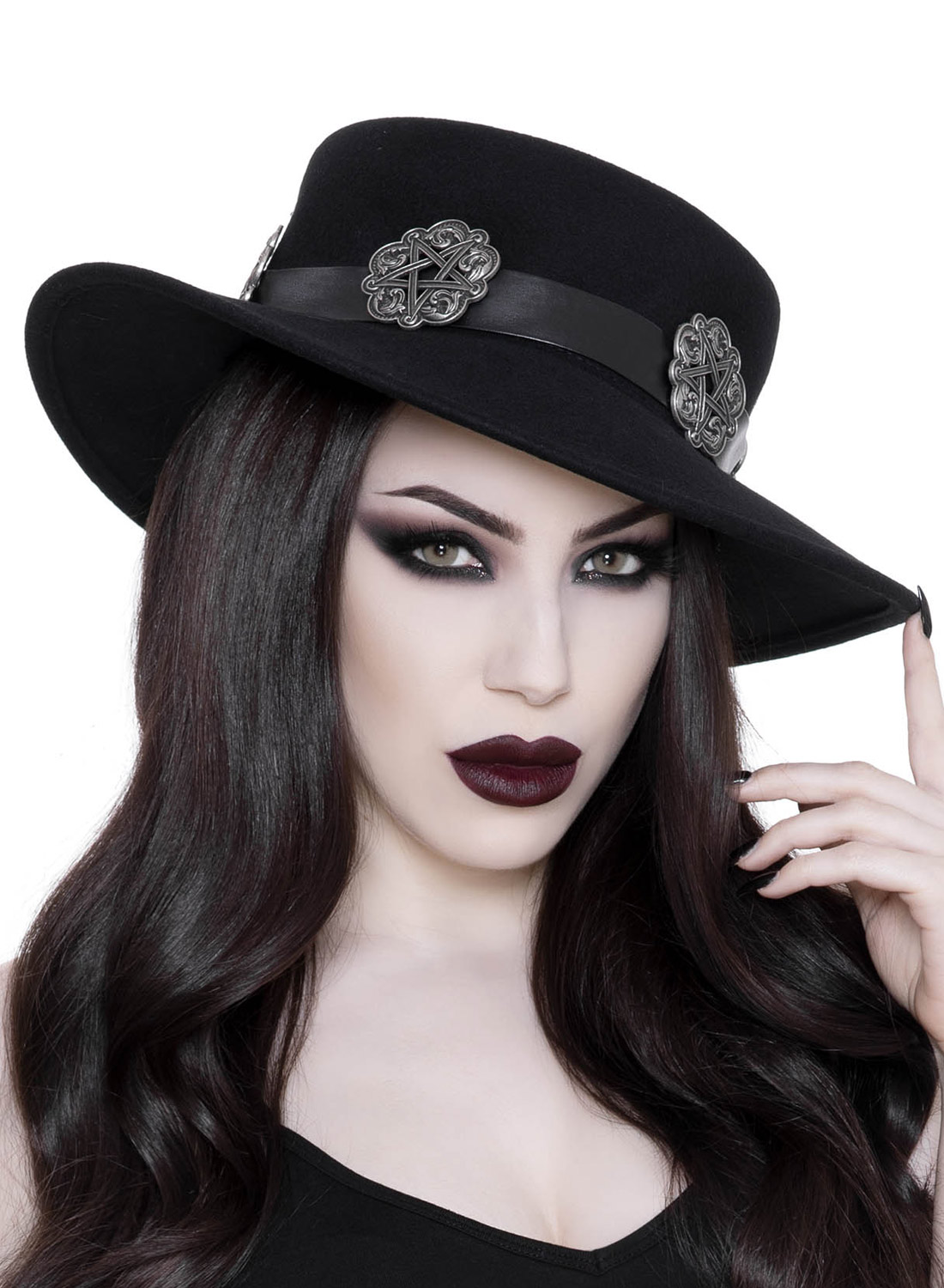Killstar Mystic Maven Concho Hat. Black wide brim hat from Killstar with metal conchos and pentagram details, gothic style.