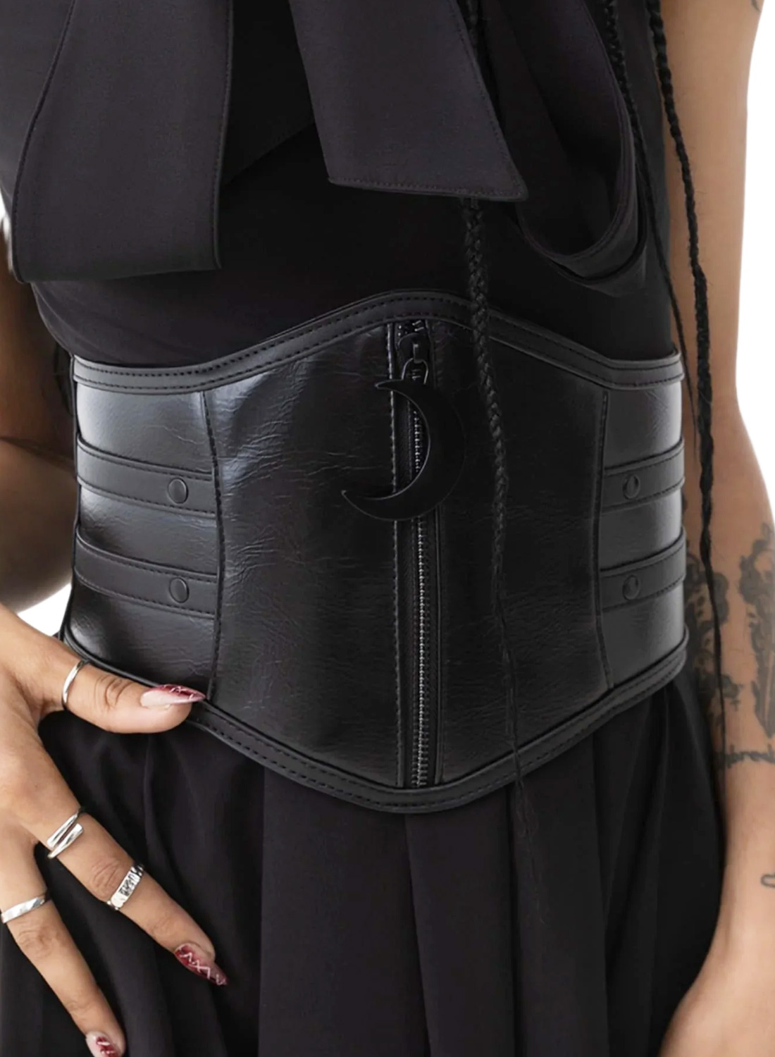 Killstar Lunar Spell Belt. Black PU waist belt with moon detail and front zipper from Killstar Lunar Spell Belt.