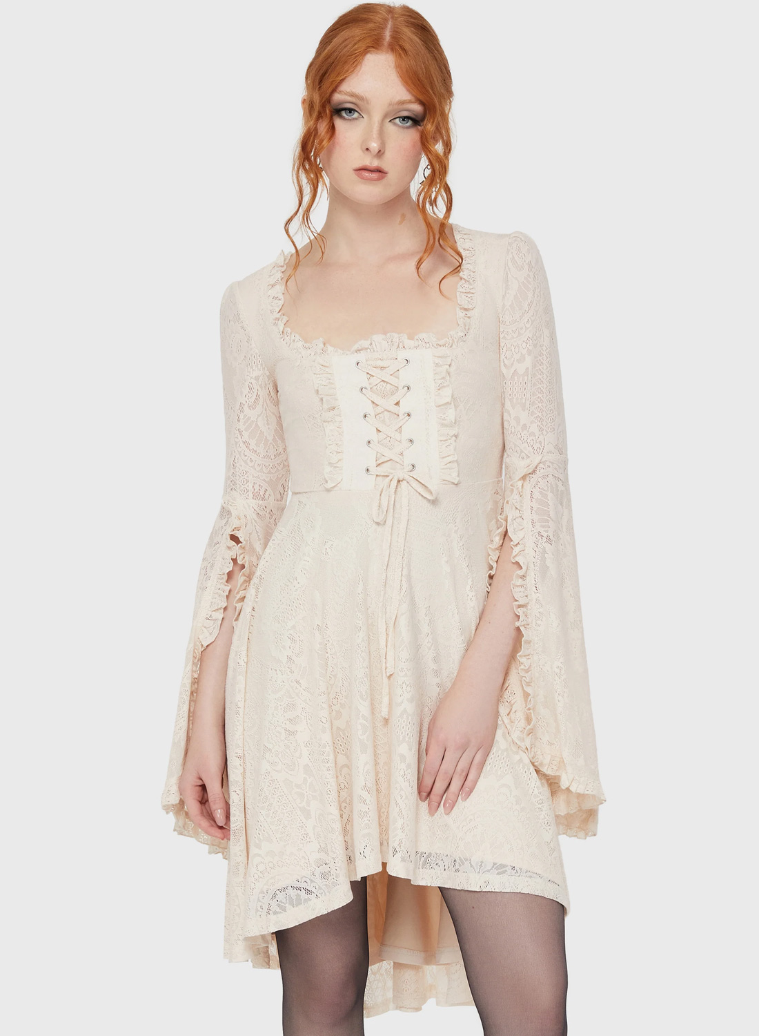 Killstar Killing Kisses Dress. Light lace dress with lace up front, wide sleeves and frill details from Killstar.
